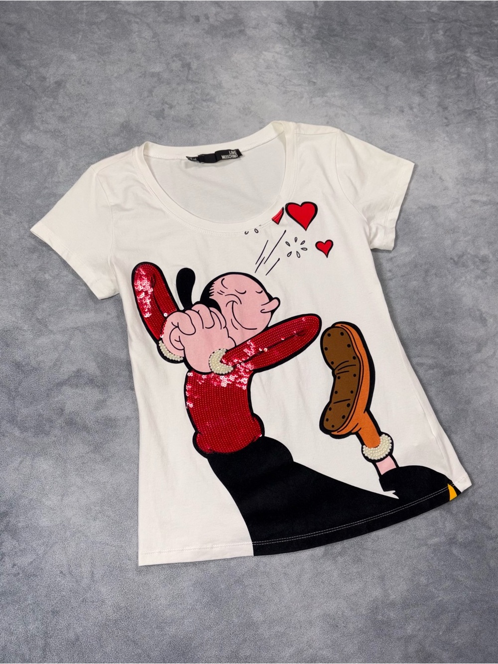 Love Moschino Popeye Olive Oyl Y2K Sequin Hear Cartoon Graphic White T Shirt - Picture 2 of 10